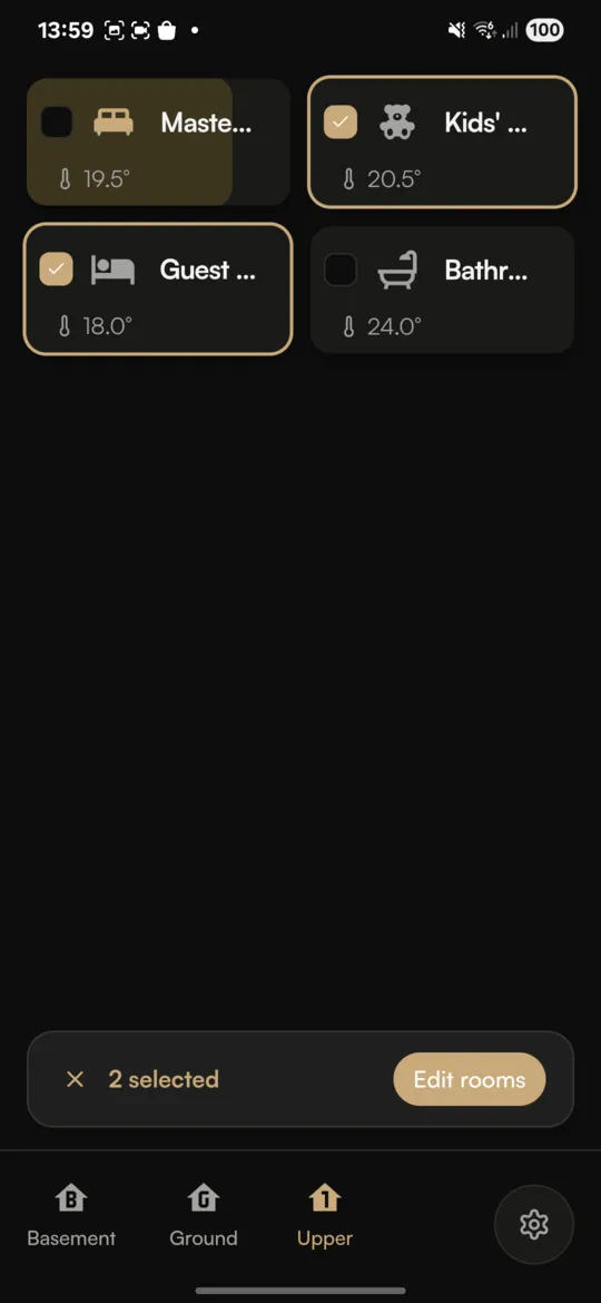 Multi-room selection in Stuga allowing control of lights across multiple Home Assistant areas