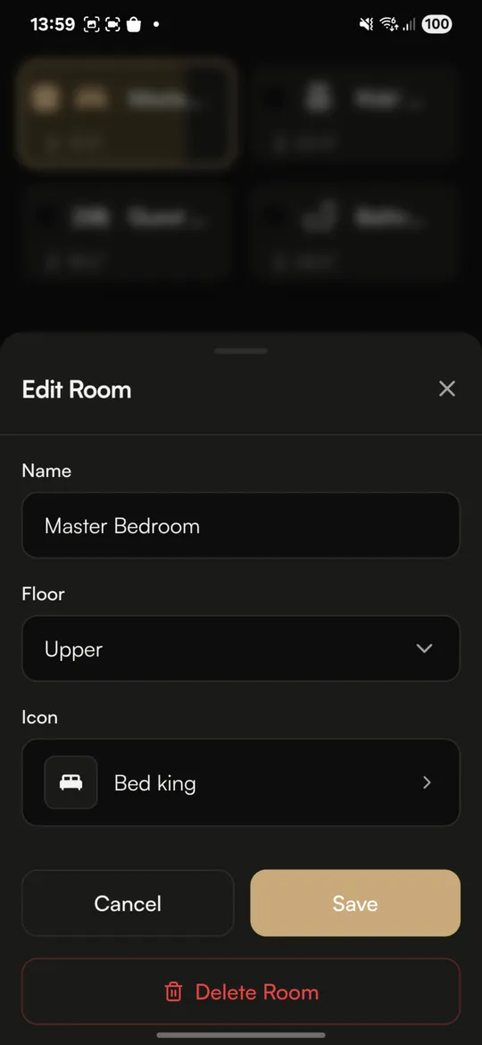 In-app room editor showing how to customize room name and icon in Stuga