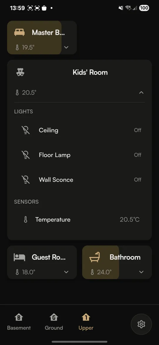 Stuga's mobile interface showing touch-optimized smart home controls