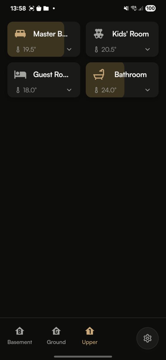 Stuga app showing room grid with lights and climate controls