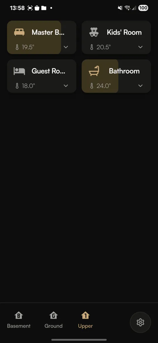 Stuga app showing a clean grid of smart home rooms with lights and climate controls